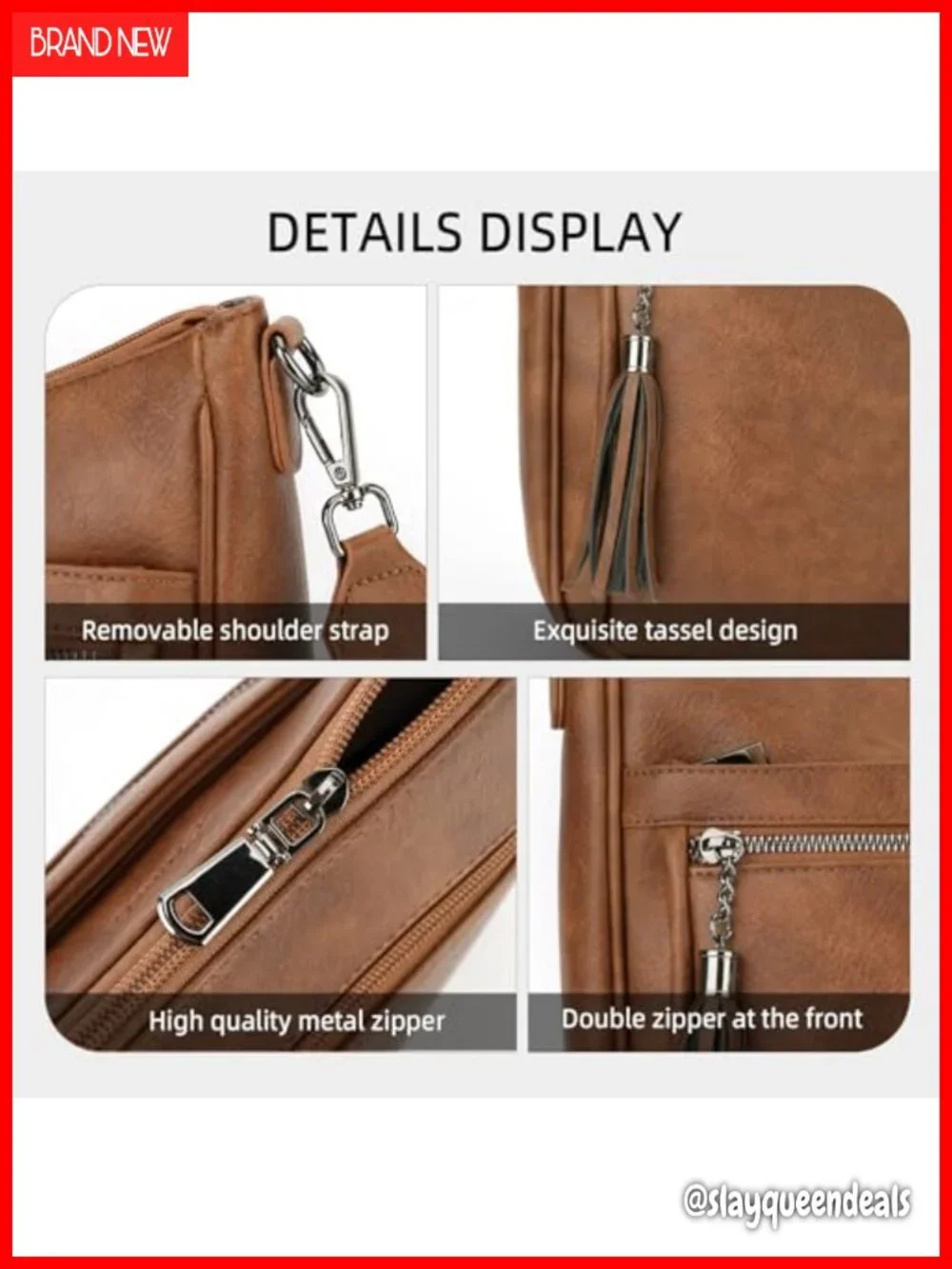 Vegan Leather Crossbody Hobo Bag with Tassel, Adjustable Strap, Multiple Pockets
